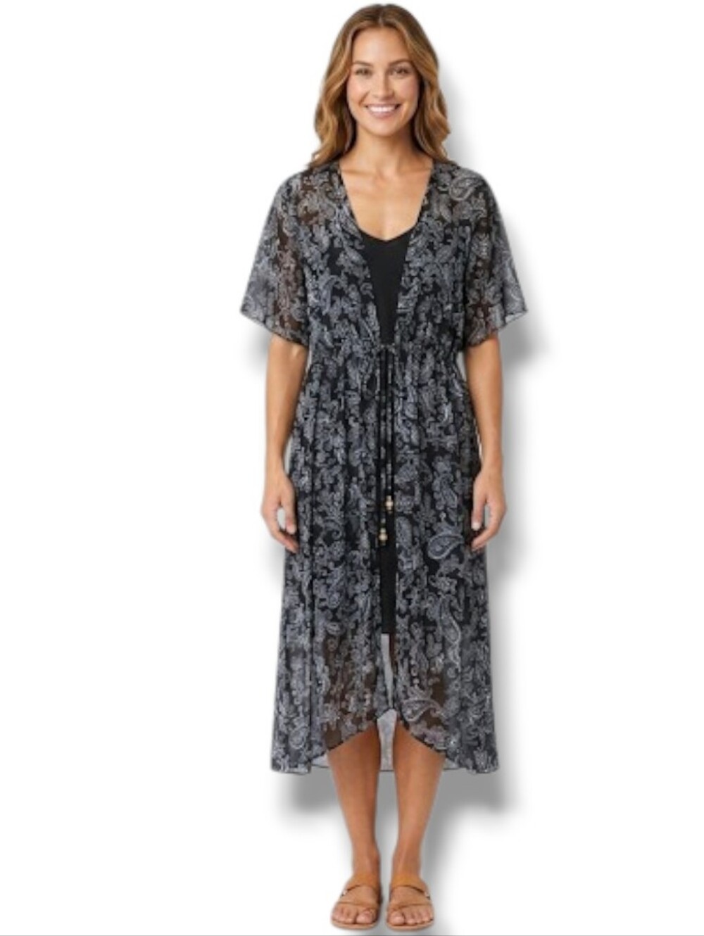 CURE Women’s Black Purple Paisley Sheer Tie Front Kimono Cardigan – Size XL